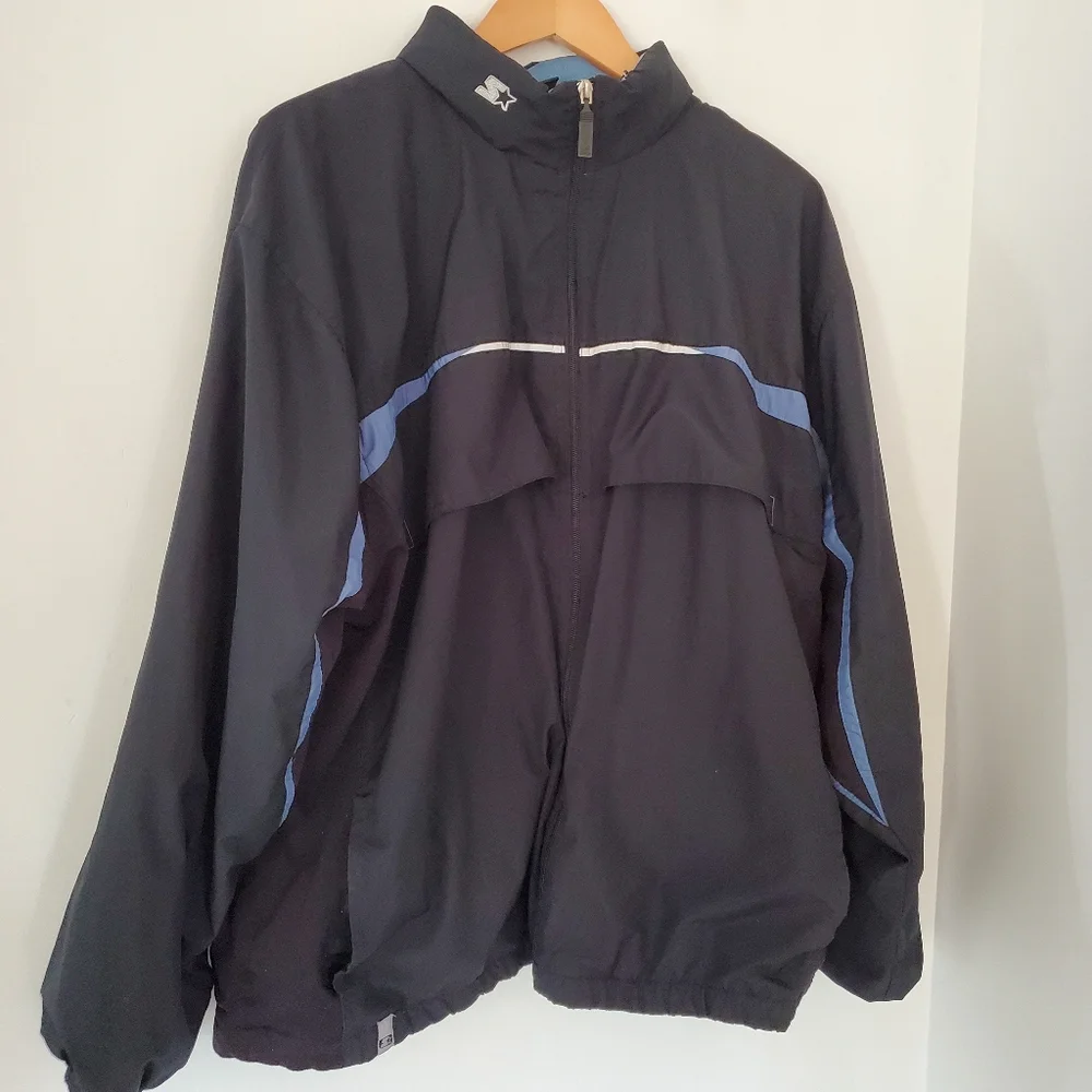 STARTER Men L Black Blue Windbreaker Jacket Full Zip Pockets Hood 90s Y2K